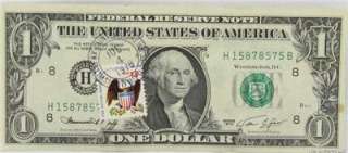 US BICENTENNIAL STAMP CANCELED JULY 4 1976 ON $1 DOLLAR  