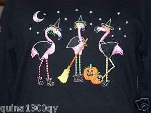   flamingo witches with broom stick and pumkins shirt this auction