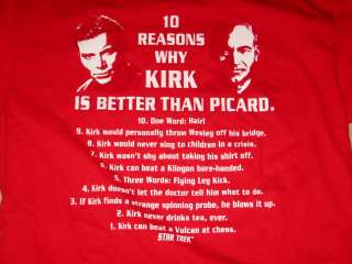   10 Reasons Why Captain Kirk is Better Than Picard T Shirt Red Small