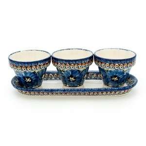  Polish Pottery Blue Art Flower Pots with a Tray