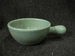 Vintage USA Pottery Green Stoneware Soup Bowl with Handle  