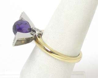 UNIQUE 14K TWO COLORS GOLD, DIAMONDS & FACETED SPHERE AMETHYST RING