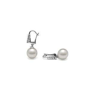  White South Sea Pearl & Diamond Earrings, 9.0 10.0 mm 