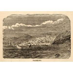 Engraving Palermo Sicily Gulf Ships Sailing Tyrrehenian Sea Italy City 