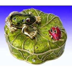  Bejeweled Trinket Box Frog on Lotus Leaf 