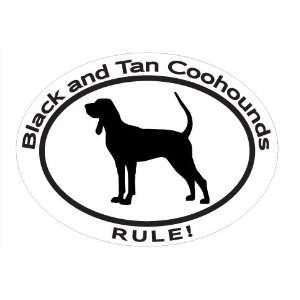 Oval Decal with dog silhouette and statement BLACK AND TAN COONHOUNDS 