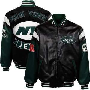  New York Jets Black Green Pleather Varsity Full Zip Jacket 
