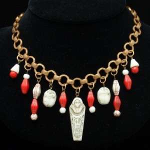 Egyptian Revival Necklace Glass Scarabs Sarcophagus Vintage  