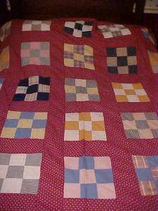 1900s HAND MADE QUILT TOP, NINE PATCH w/ MAROON in PRINTS  