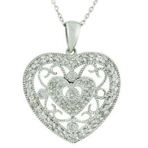  10K White Gold Womens Diamond Heart Pendant Necklace 