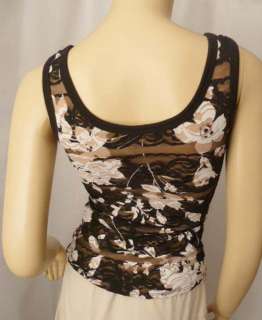 Cache Black Brown Stretch Floral Mesh Lace Tank Top XS  