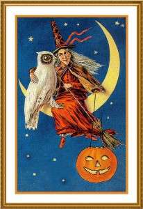Victorian Halloween #18 Witch Moon Owl Counted Cross Stitch Chart 