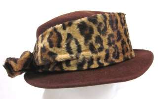 DAVID SALVATORE Brown Felted Bowler Leopard Bow Hat  