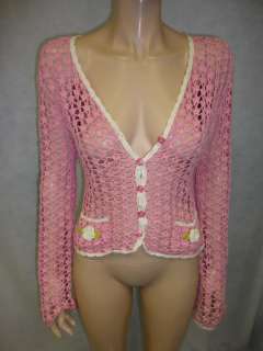 Betsey Johnson Pink Vintage Style Crocheted Cardigan Sweater M Medium 