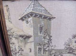 Antique French Tapestry Framed Village Scene 24x18 Art  