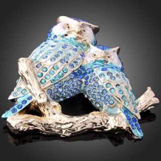ARINNA Swarovski Crystal paired owl blue Brooch Pin  
