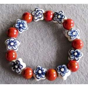   Chinese Porcelain Flower Beads Elastic Bracelet 