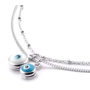    Two Layer Evil Eye Pendant on Silver Toned Beaded Necklace Jewelry