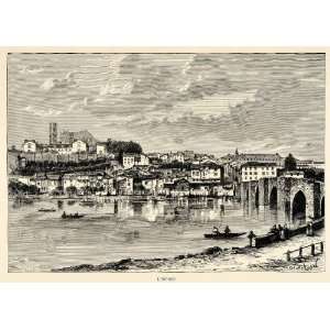 1882 Antique Wood Engraving Art Limoges France Cityscape Coastal Town 