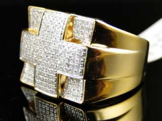 MENS YELLOW GOLD FINISH REAL CROSS PINKY DIAMOND DESIGNER RING 1 CT 