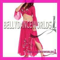 BELLY DANCE COSTUME SET CHOLI WRAP TOP EMBROIDERED LONG TRIBAL SKIRT 