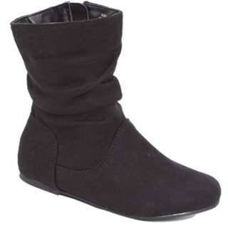 Girls Cute Faux Suede Flat Boots Mid Calf Shoes Black with Side Zipper 