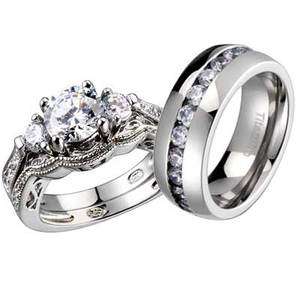 Pcs His Her Titanium Antique Sterling Silver Round CZ Wedding Bridal 