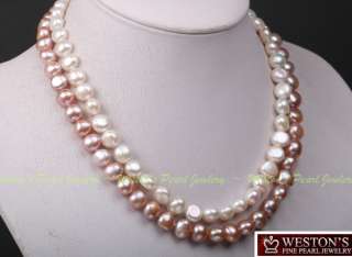 ROW LARGE 9 10MM WHITE PINK FRESHWATER PEARL NECKLACE  