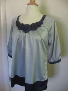 MISS ME Satiny Silver Navy Blue Smock Top Shirt L Sweet Buckle  