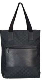GUCCI black jacquard shopper tote bag with brown leather trim. Zip top 