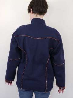 Vtg Navy Blue Ethnic Hippie Boho Wool Jacket Womens M  