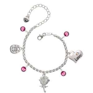  Antiqued Silver Rose Love & Luck Charm Bracelet with Rose 