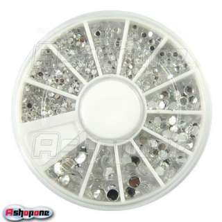 1100 pcs 6 Size Clear Round Glitter Nail Art Rhinestones Wheel  