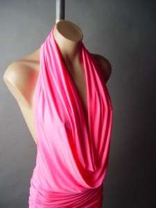 Neon Pink Low Cut Plunging Plunge Neck Halter Open Back Backless Club 