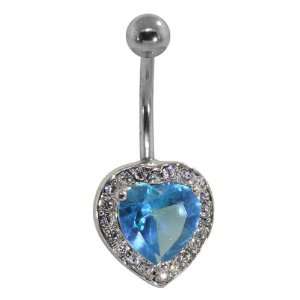   Luxe   Aquamarine CZ Heart Designer Romance Belly Button Ring Jewelry