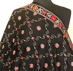 Large, Black, Wool Shawl with Kashmir Crewel Embroidery  