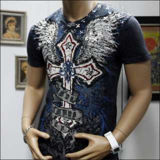 NEW MENS KAYDEN.K DESIGN QUALITY FIT T SHIRT CROSS WINGS STONE GOTHIC 