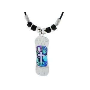    Necklace Blue Paua Shell Snowboard W/Cross Adj 