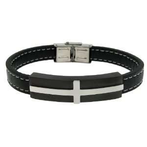   Steel Cross Tag On White Stitched Genuine Black Leather Band Bracelet