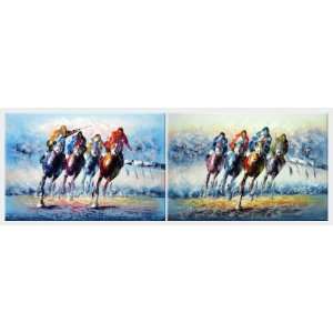  Horse Racing Galloping   2 Canvas Set Oil Painting 24 x 72 