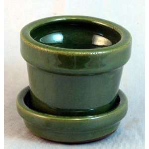  Mini Ceramic Pot + Saucer   2 3/4 x 2 1/4  Grass Green 