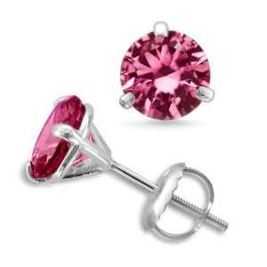 18k White Gold 3 Prong Natural Pink Tourmaline Stud Earrings, 1.60 