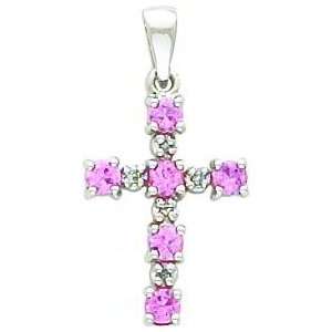    14K White Gold Diamond & Pink Sapphire Cross Pendant Jewelry