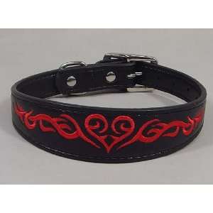   Leather Dog Collar Black / Red Tribal 15 18 Neck Size