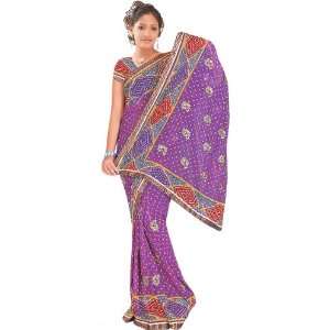  Printed Sari with Ari Embroidered Paisleys and Gota Border   Chiffon