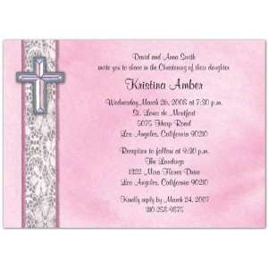  Pink Lace With 3D PB Cross Baptism Christening Invitations 