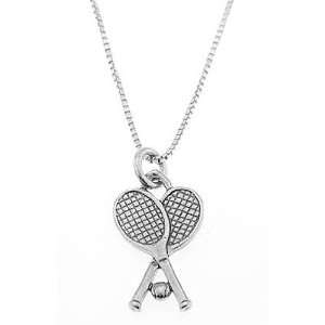 Sterling Silver Double Tennis Rackets with Ball Necklace 