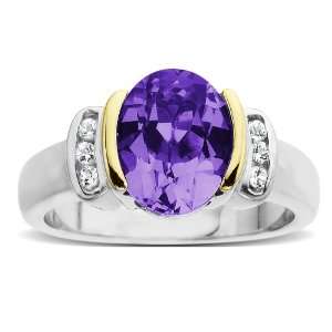   Silver and 14k Yellow Gold White Topaz and Oval Amethyst Ring, Size 8