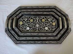 Persian Mother of Pearl Mosaic Wood Serving Tray Set  