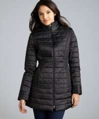    black quilted zip front packable jacket  